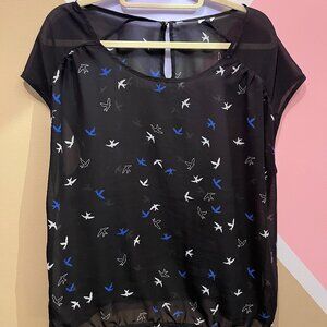 Navy, sheer, cap sleeve blouse with birds